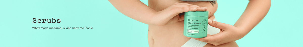 Scrubs collection banner. A woman in a blue bra holding a mint jar of frank body Gentle Body Scrub. Text reads: Scrubs. What made me famous, and kept me iconic.