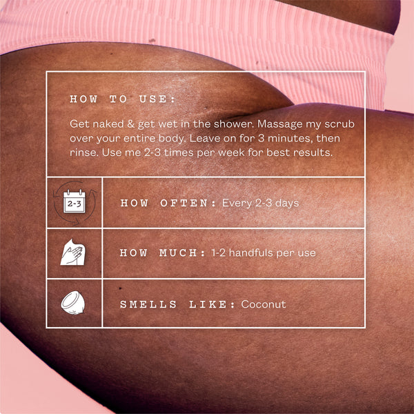 Instructional graphic showing a close-up of a person's skin with a pink garment at the top and a white text box detailing how to use a body scrub, including frequency and scent notes.