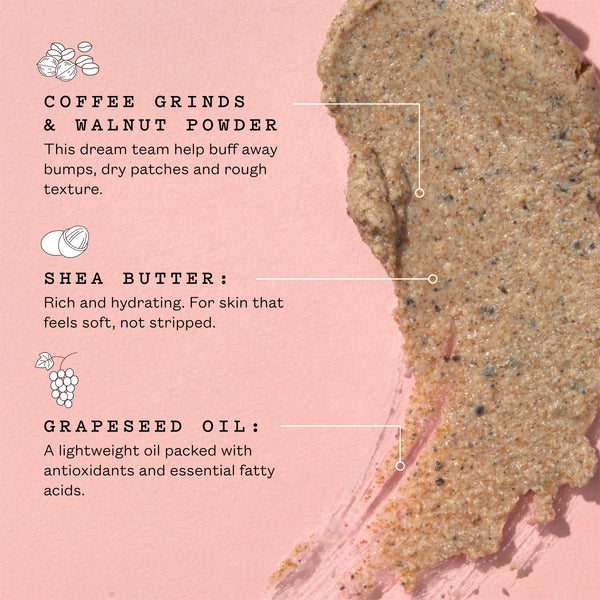 A close-up cosmetic smear of a beige-brown scrub or balm on a pink background, with text callouts naming coffee grinds, walnut powder, shea butter, and grapeseed oil.