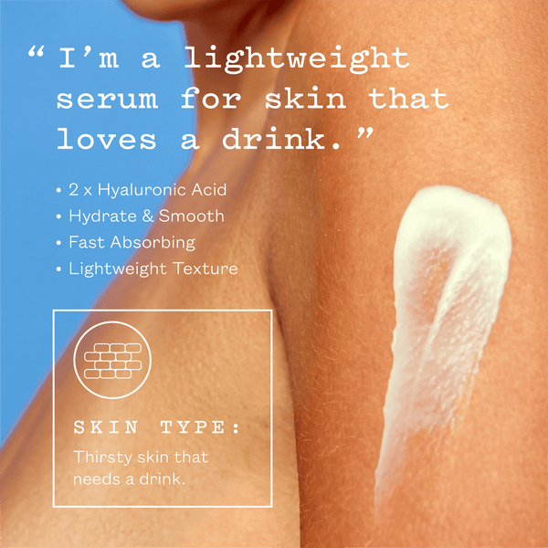 frank body Hyaluronic Acid Body Serum benefits graphic: a swipe of white serum on skin. Text reads: I'm a lightweight serum for skin that loves a drink. 2 x Hyaluronic Acid. Hydrate & smooth. Fast absorbing. Lightweight texture. Skin type: thirsty skin that needs a drink.