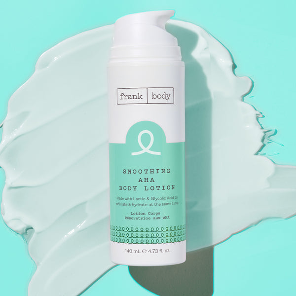 Frank Body smoothing AHA body lotion on a light blue background