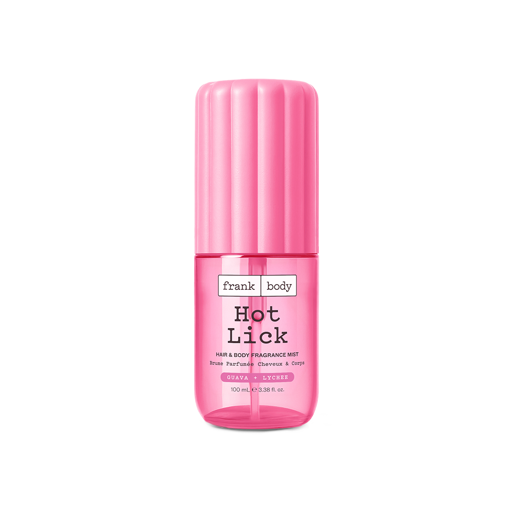 A pink bottle of frank body Hot Lick Hair & Body Fragrance Mist, 100ml.