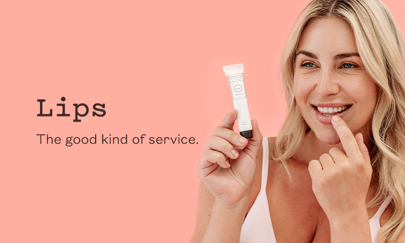 Lips collection banner. A smiling blonde woman holding a frank body lip product to her lips. Text reads: Lips. The good kind of service.